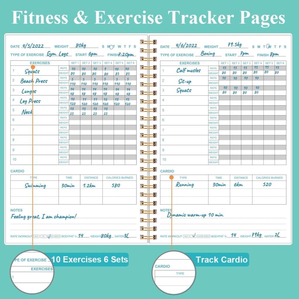 Fitness Journal for Women  Men - A5 Workout Journal/Planner Daily Exercise Log Book to Weight Loss, Gym, Muscle Gain, Bodybuilding Progress - Daily Personal Health  Wellness Tracker, Spiral-Bound,