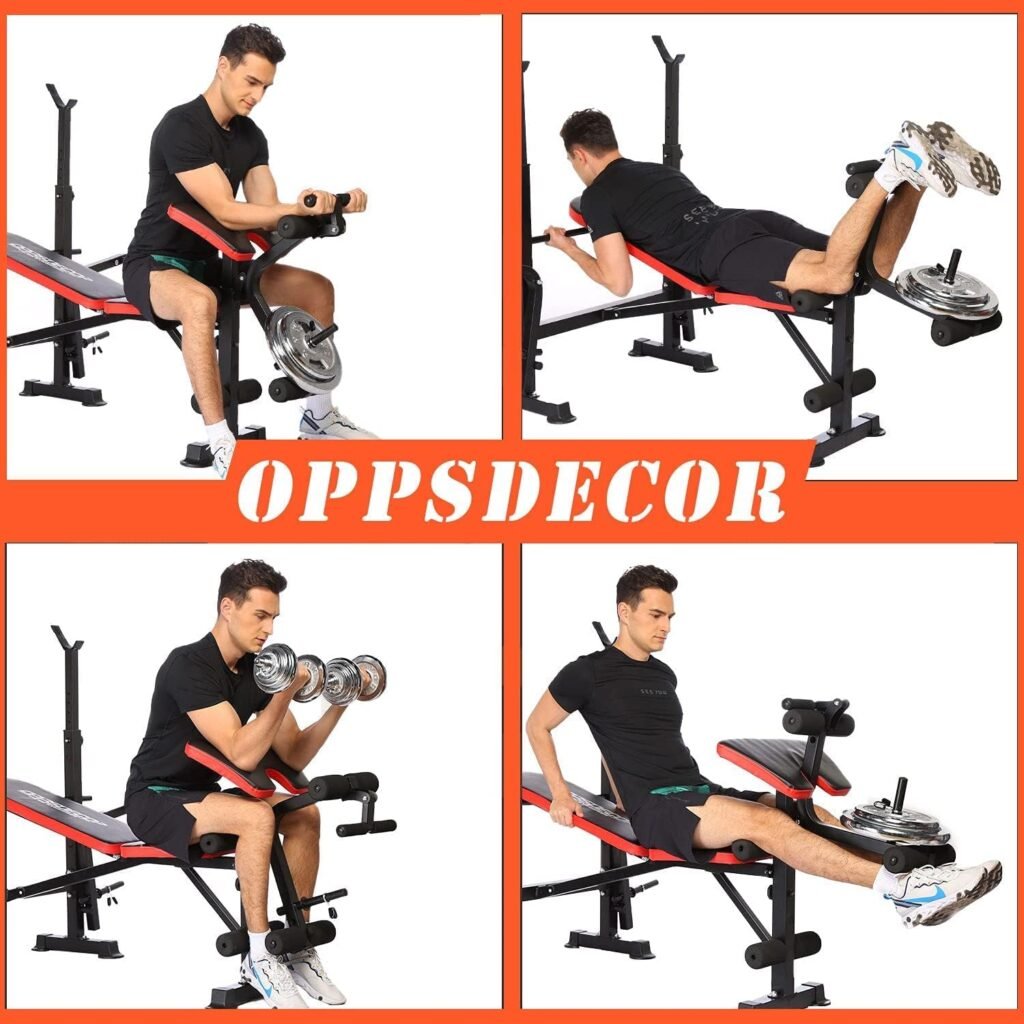 OPPSDECOR 8 in 1 650lbs Weight Bench Adjustable Workout Bench Set with Squat Rack Olympic Weight Bench Strength Training Leg Developer Preacher Curl and Barbell Rack Incline Seat for Home Gym OPX496