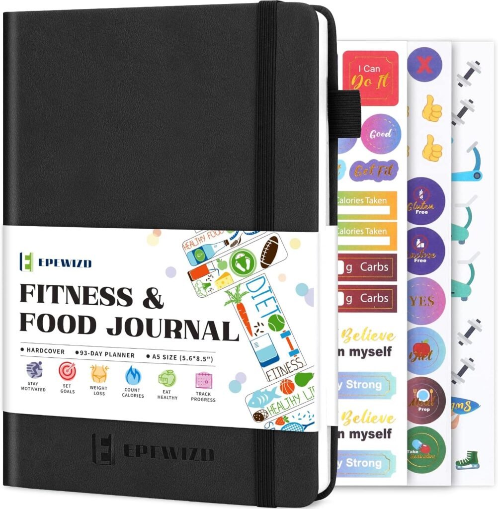 Food and Fitness Journal Hardcover Wellness Planner Workout Journal for Women Men to Track Meal and Exercise Count Calories Weight Loss Diet Training Weight Loss Tracker Undated Home and Gym Accessories (3 Month)-Black