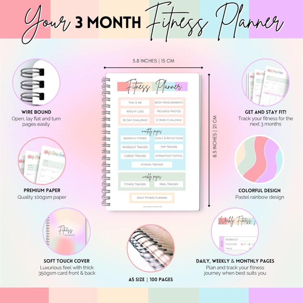3 Month Fitness  Workout Planner for Women | Gym Journal, Weight Loss Tracker, Meal Planner, Self Care Habit Tracker - A5 Pastel Rainbow