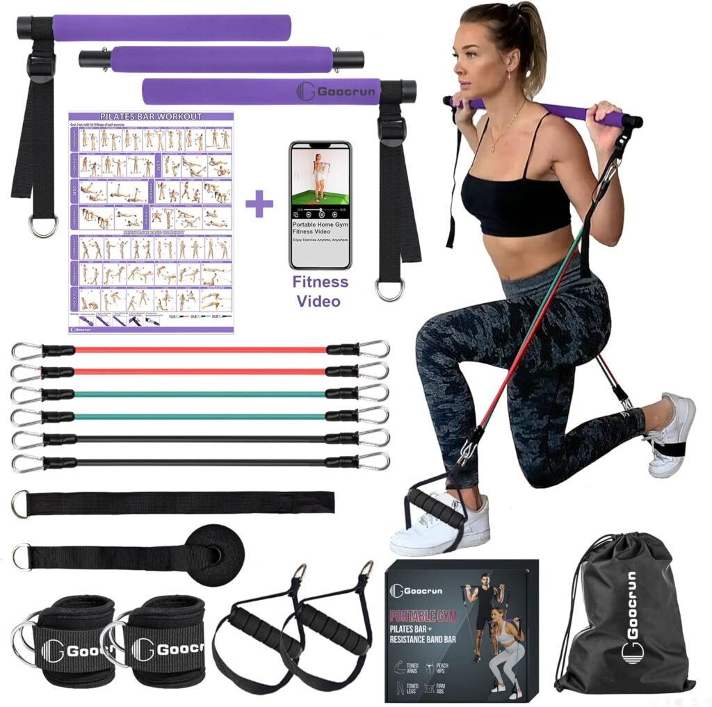 Portable Pilates Bar and Resistance Band Set with Handles. Multipurpose Home Gym, Supports Full-Body Workouts - with Fitness Poster and Video