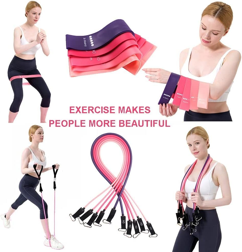 Zugoulook 18Pcs Resistance Bands Set for Women, 5 Stackable Exercise with Handles, Loop Bands, Jump Rope, Figure 8 Band, Ideal Home, Gym Fitness, Yoga, Full Body Workout