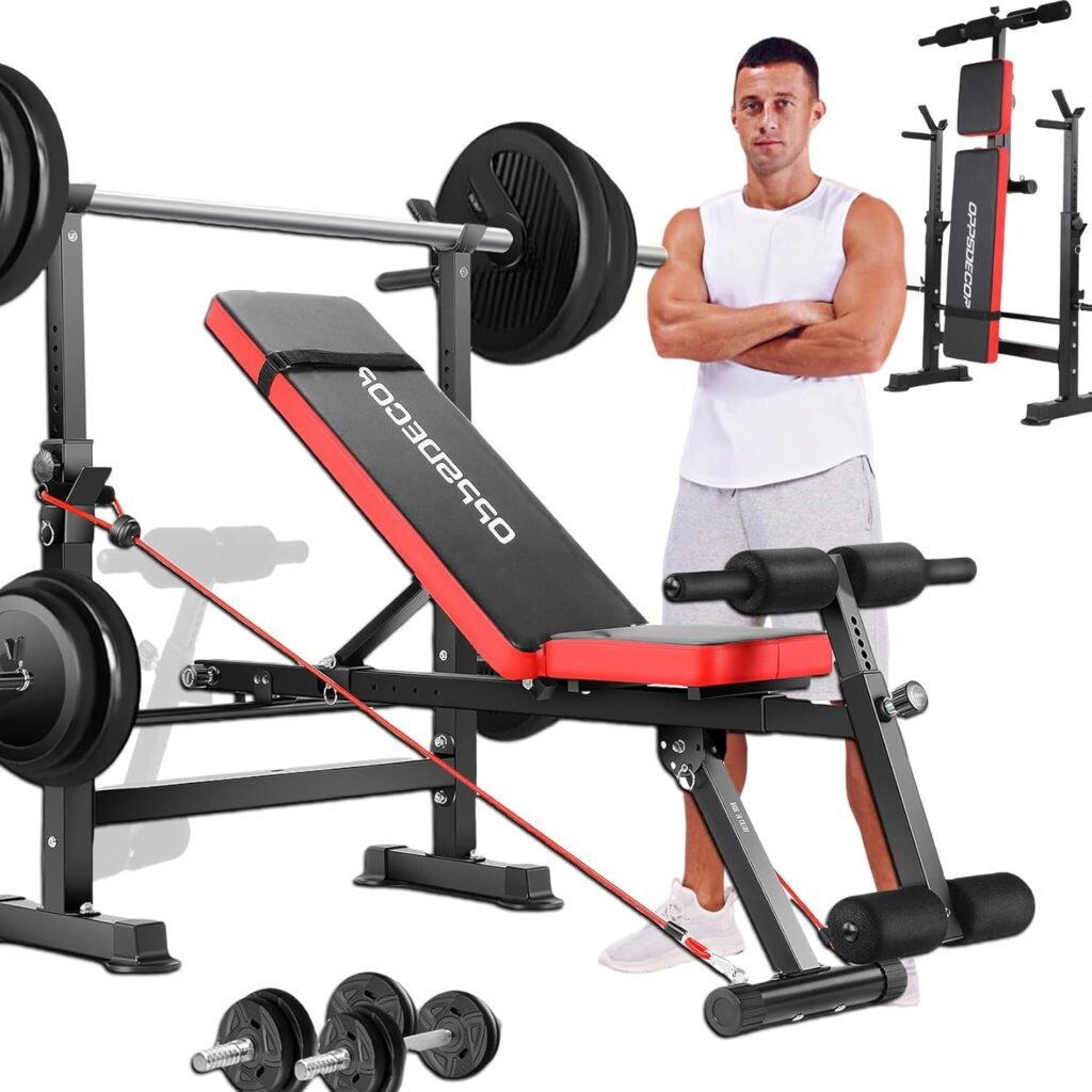 OPPSDECOR Adjustable Weight Bench Set with Squat Barbell Rack, Removable Foot Bracket, 600lbs 6 in 1 Weight Bench, Foldable Workout Bench for Full Body Exercise Home Gym MTY-1318 Bench Press