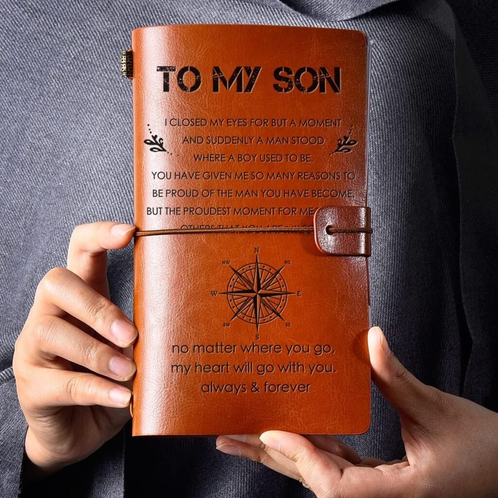 to My Son Leather Journal Notebook from Mom Dad - Inspirational Son Travel Journal Motivational Embossed Writing Journal Gift for Birthday Graduation Christmas